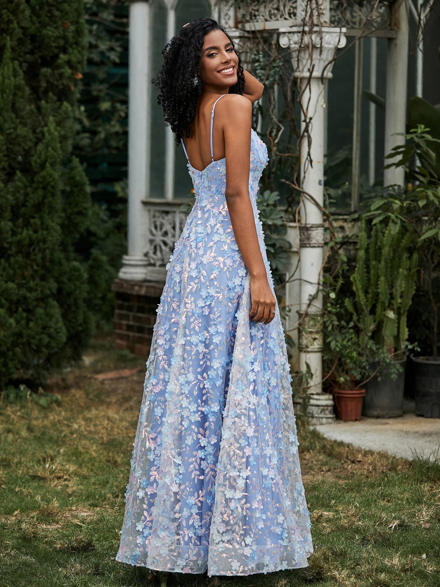 V-Ausschnitt Spitze Applique Blumen A-Linie Kleid Blau